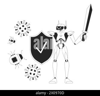 AI cyber defense black and white 2D illustration concept Stock Vector