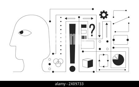 Deep learning AI black and white 2D illustration concept Stock Vector