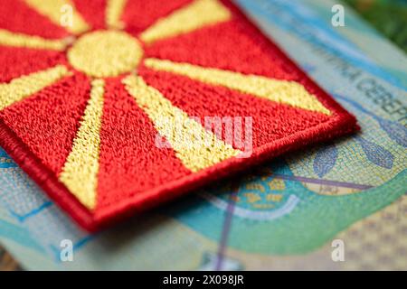 Macedonian denar and the symbol of Macedonia, financial concept related to Macedonia, close up Stock Photo