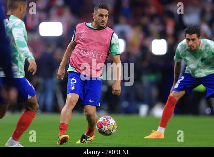 Madrid, Spain. 10th Apr, 2024. Koke of Athletico Madrid warms up before the UEFA Champions League match at Wanda Metropolitano, Madrid. Picture credit should read: Paul Terry/Sportimage Credit: Sportimage Ltd/Alamy Live News Stock Photo