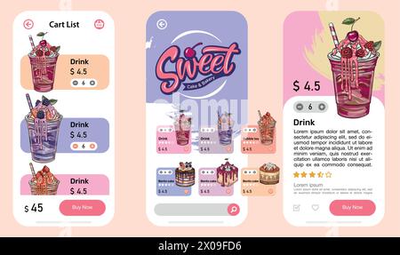 Manufacturing onboarding mobile app screen vector template. Hand drawn vector template of menu with desserts . Walkthrough website steps with flat cha Stock Vector