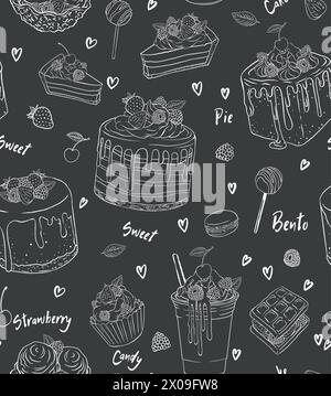seamless pattern Hand drawn vector template of menu with desserts, sweets and bakery products. Birthday and holidays. Love texture for wrapping paper, Stock Vector