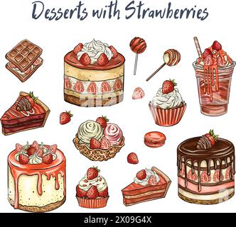 drawn illustration, Desserts with Strawberries isolated on a white background. Sweets cake with berries and fruits, chocolate. Ice cream, cake. delici Stock Vector