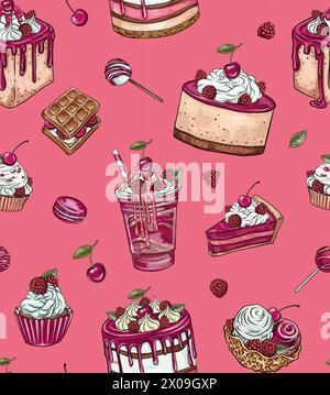 Seamless vector pattern with cute shaped bento cake desserts with cherries and raspberries. Romantic dessert background. Valentine day and anniversary Stock Vector