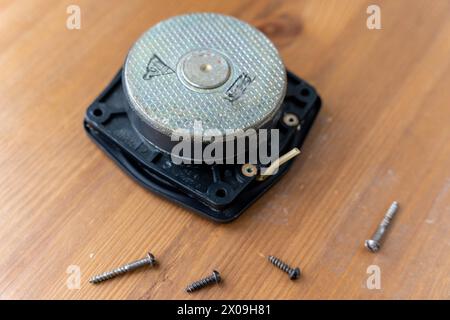 disassembled speaker showing its components, including a circuit board and wires. The intricate details showcase the inner workings of the electronic Stock Photo