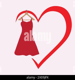 Red dress on a wooden hanger hanging on a red heart shape Stock Vector