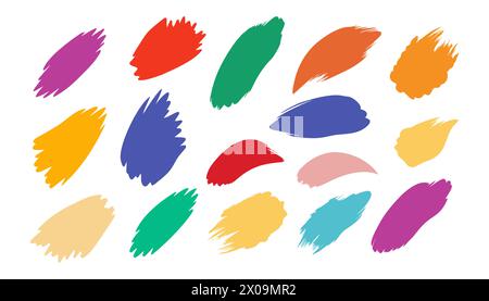Paint splatter colorful set. Round splash flat collection, decorative shapes liquids. Different splashes and drops, cartoon spatters. Stain colored in Stock Vector
