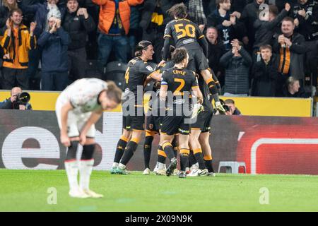 Hull City's Jean Michael Seri scores and celebrates in front of the fans during the Sky Bet Championship match between Hull City and Middlesbrough at the MKM Stadium, Kingston upon Hull on Wednesday 10th April 2024. (Photo: Trevor Wilkinson | MI News) Credit: MI News & Sport /Alamy Live News Stock Photo