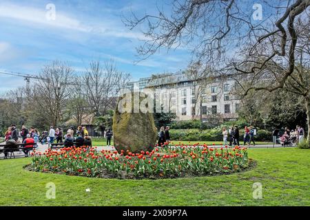 Crowds enjoying the Spring sunshine and tulip display in St Stephens Green, Dublin, Ireland. Stock Photo