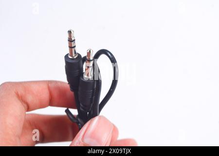 Close up audio jacks cable plugged into mixer console. XLR audio cable Stock Photo
