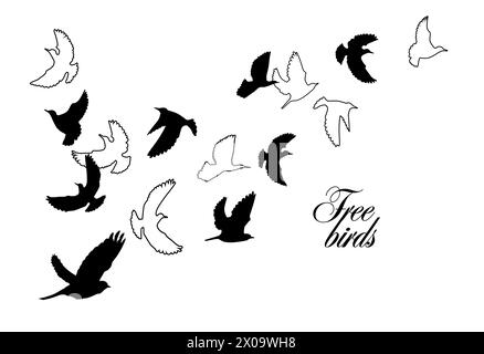 Flying birds silhouette flock. hand drawing. Not AI, Vector illustration Stock Vector