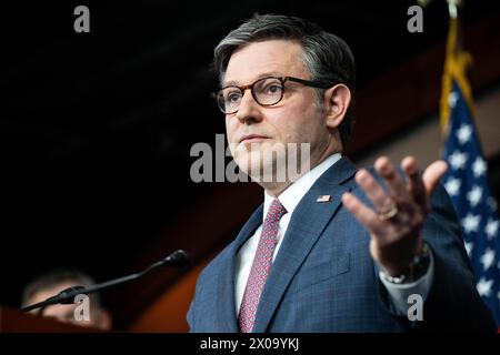 Washington, United States. 10th Apr, 2024. House Speaker Mike Johnson (R-LA) speaking at a press conference at the U.S. Capitol. (Photo by Michael Brochstein/Sipa USA) Credit: Sipa USA/Alamy Live News Stock Photo