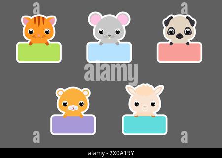 Colored school labels set for kids. Cute cartoon animals shaped notepads, memo pad, sticky tags, scrapbooking, cards, baby shower, invitation. Vector Stock Vector