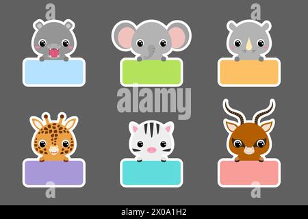 Colored school labels set for kids. Cute cartoon animals shaped notepads, memo pad, sticky tags, scrapbooking, cards, baby shower, invitation. Vector Stock Vector