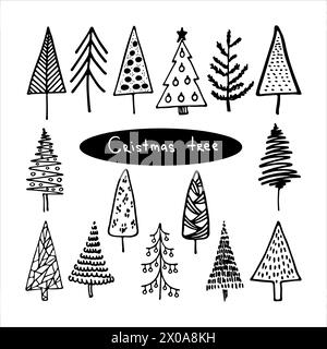 Hand drawn Christmas tree vector set. Doodle ink sketched illustration. Cute abstract conifer pine fir christmas needle trees collection Stock Vector