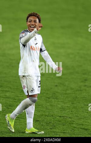 Swansea, UK. 10th Apr, 2024. Aimar Govea of Swansea City celebrates at the end of the game. EFL Skybet championship match, Swansea city v Stoke City at the Swansea.com Stadium in Swansea, Wales on Wednesday 10th April 2024. this image may only be used for Editorial purposes. Editorial use only, pic by Andrew Orchard/Andrew Orchard sports photography/Alamy Live news Credit: Andrew Orchard sports photography/Alamy Live News Stock Photo