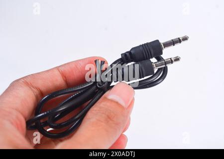 Close up audio jacks cable plugged into mixer console. XLR audio cable Stock Photo
