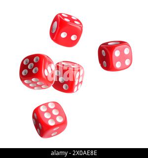 Five red dice in air on white background Stock Photo