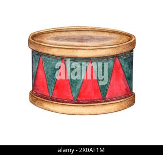 Watercolor illustration of red green drum isolated from background. Musical instrument on the theme of music, hobby, learning. For the design of a pos Stock Photo