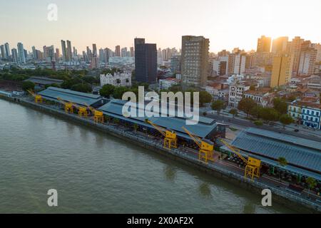 Aerial View of Docks Station Famous Area in Belem City on Sunrise Stock Photo