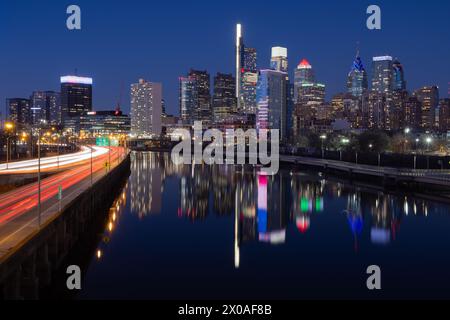 Downtown Philadelphia reflected in the Schuykill River at night, Philadelphia, Pennsylvania Stock Photo