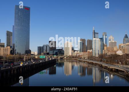 Downtown Philadelphia reflected in the Schuykill River in the afternoon, Philadelphia, Pennsylvania Stock Photo