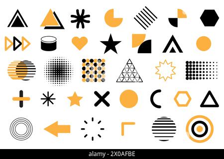 Assorted geometric shapes. Black and yellow design elements. Bold minimalist icons. Vector illustration. EPS 10. Stock Vector
