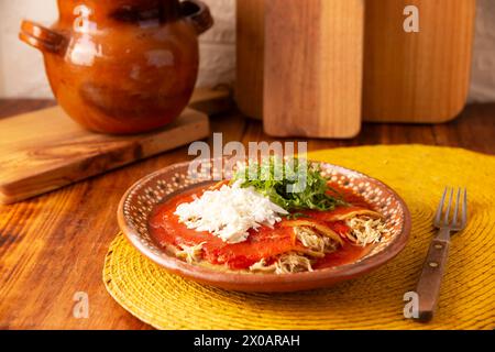 Entomatadas. Also known as Enjitomatadas, a typical dish of Mexican cuisine prepared with corn tortilla, tomato sauce and stuffed with shredded chicke Stock Photo
