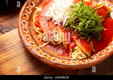 Entomatadas. Also known as Enjitomatadas, a typical dish of Mexican cuisine prepared with corn tortilla, tomato sauce and stuffed with shredded chicke Stock Photo