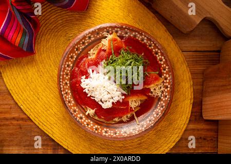 Entomatadas. Also known as Enjitomatadas, a typical dish of Mexican cuisine prepared with corn tortilla, tomato sauce and stuffed with shredded chicke Stock Photo