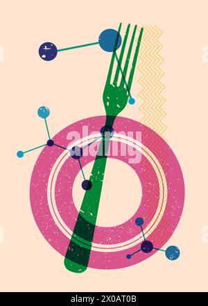 Risograph fork with geometric shapes. Objects in trendy riso graph ...