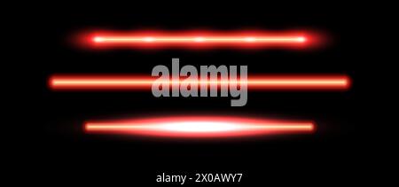 Red neon tube lamp set. Glowing led light line beam collection. Warm color luminous fluorescent bar stick lines. Red orange strip element pack to divide, separate, decorate. Vector illustration Stock Vector
