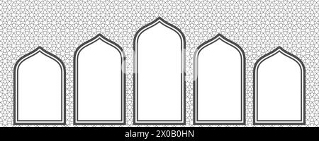Ramadan windows on pattern wall. Doors and arches in arabic mosque. Arabesque ornament on white background. Interior decoration. Vector illustration Stock Vector