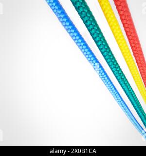 Textile, rope and string with color on background, mock up or space with nylon cable for creativity. Creative, ties and cord material to thread in Stock Photo
