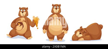 Cute bear characters set isolated on white background. Vector cartoon illustration of grizzly mascot, funny brown animal sitting with honey jar, standing and smiling, lying asleep, comic toy pet Stock Vector