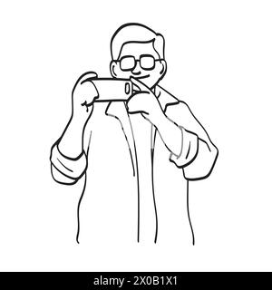 man with glasses taking photo with his smartphone illustration vector hand drawn isolated on white background Stock Vector