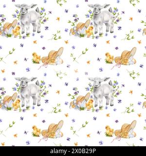 Watercolor floral seamless pattern with Easter lamb and eggs isolated on white. Spring blue, yellow flowers with baby animals hand drawn for Easter pr Stock Photo