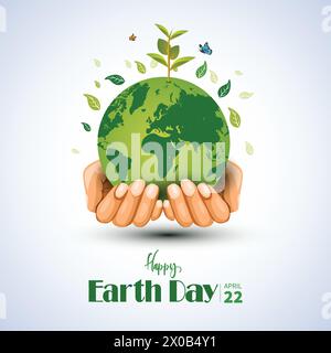 world Earth day poster. two hands holding and green plant and globe. abstract vector illustration design. Stock Vector
