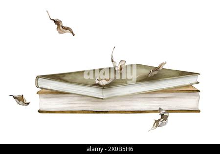 Green book in vintage style with dry brown leaves. Hand drawn watercolor illustration isolated on white background. Set of literature. Stacks of books Stock Photo