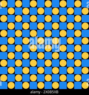 Brutalism abstract vector Pattern with simple geometric shapes circles dots, squares. Black, blue and yellow. Flat illustration. Stock Vector