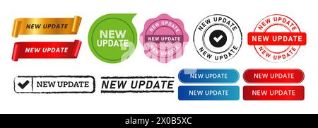 new update stamp ribbon speech bubble and button sign for available version Stock Vector