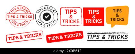 tips and tricks rectangle circle stamp and speech bubble sign for advice solution Stock Vector