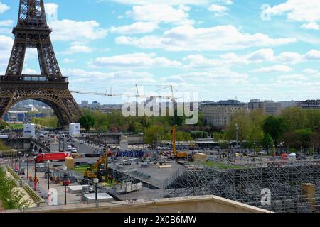 Paris, France. 10th Apr, 2024. Trocadéro construction site for the upcoming Paris 2024 Olympic Games in Paris, France on April 10, 2024. Photo by Marie Hubert Psaila/ABACAPRESS.COM. Credit: Abaca Press/Alamy Live News Stock Photo