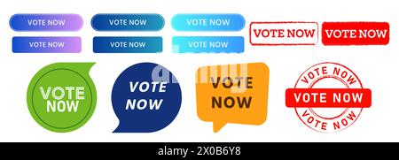 vote now rectangle circle speech bubble stamp and button web for voting election Stock Vector