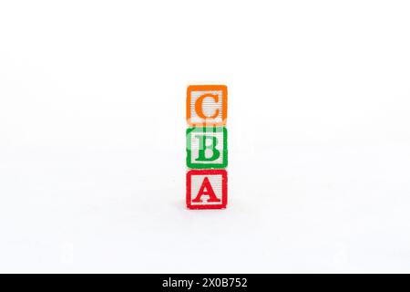 Alphabet blocks C, B and A stacked, and isolated on white background with copy space. Stock Photo
