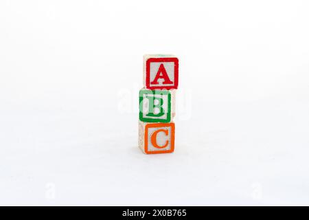 ABC wooden blocks stacked vertically isolated on white background Stock Photo