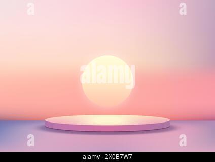 3D round pink platform with a scenic sunset in the background, Natural concept, Product mockup display. Vector illustration Stock Vector