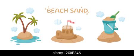 Summer beach sand banner. Cute summer icons collection. Summertime elements. Kids Beach games icons. Beach holidays elements. Cartoon vector illustration. Flat design. Seacoast, seaside concept Stock Vector