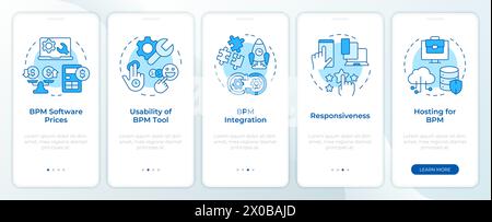 Selecting BPM tool aspects blue onboarding mobile app screen Stock Vector