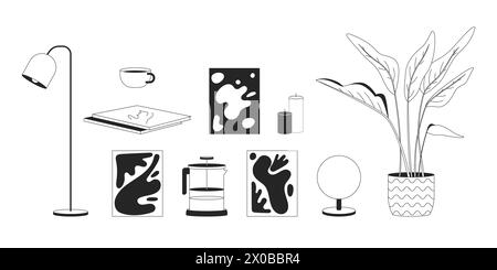 Supplies for home interior design black and white 2D line cartoon objects set Stock Vector